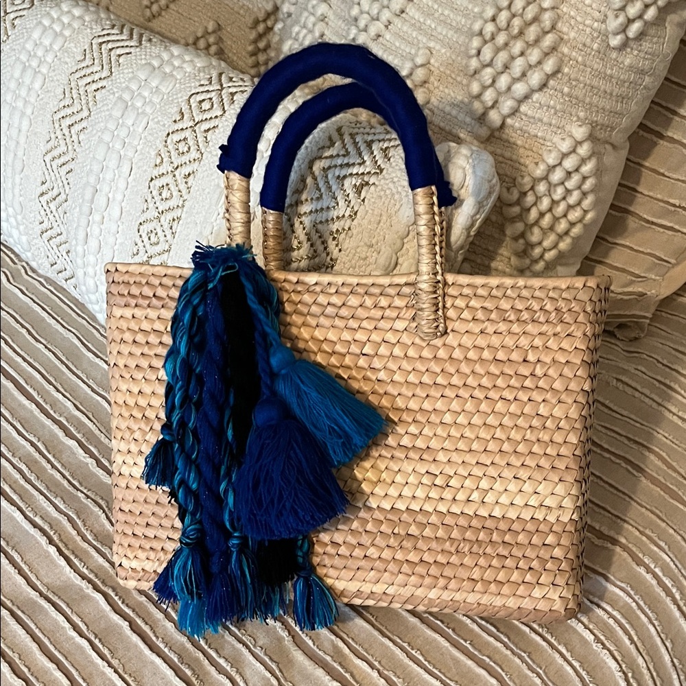 Blue and Tan Woven Tote Bag